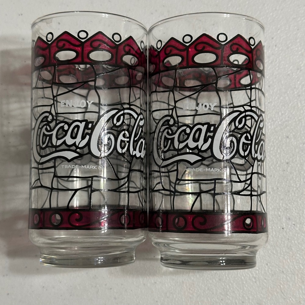 Coca-Cola Stained Glass Tiffany Style Drinking Glasses Set of 2 Retro Vintage 6"